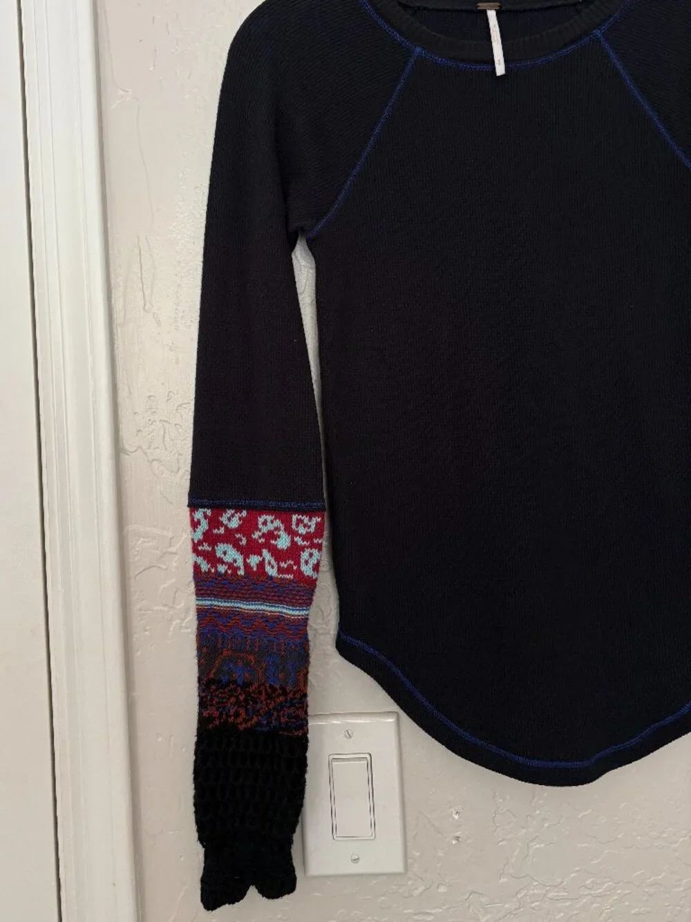 Free People In The Mix Cuff Long Sleeve Thermal Top Dark Blue Color Size Small